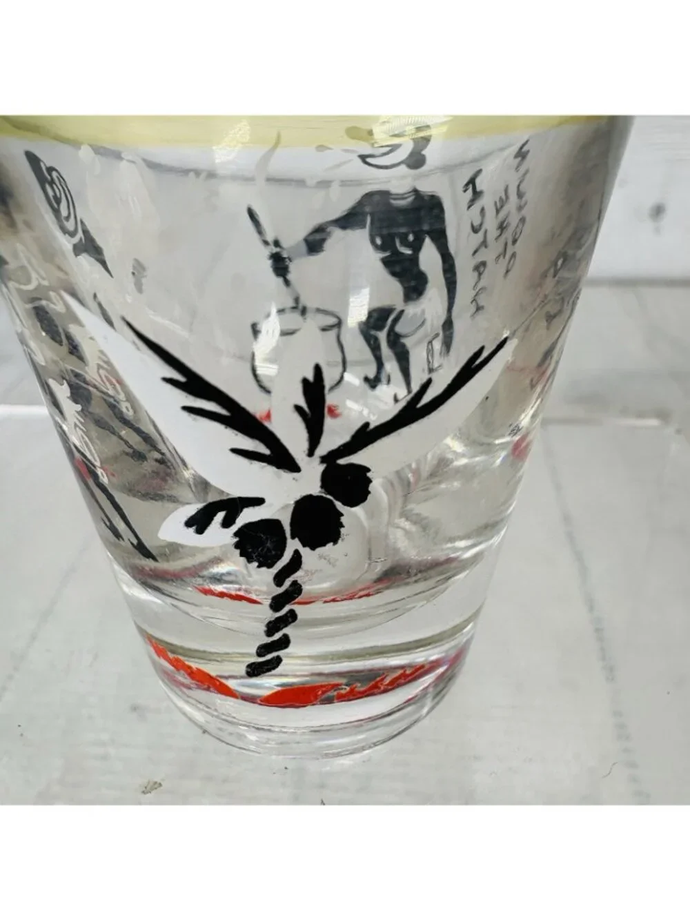 Vintage Risque Federal Glass DOWN THE HATCH Novelty Cartoon Natives Shot Glass